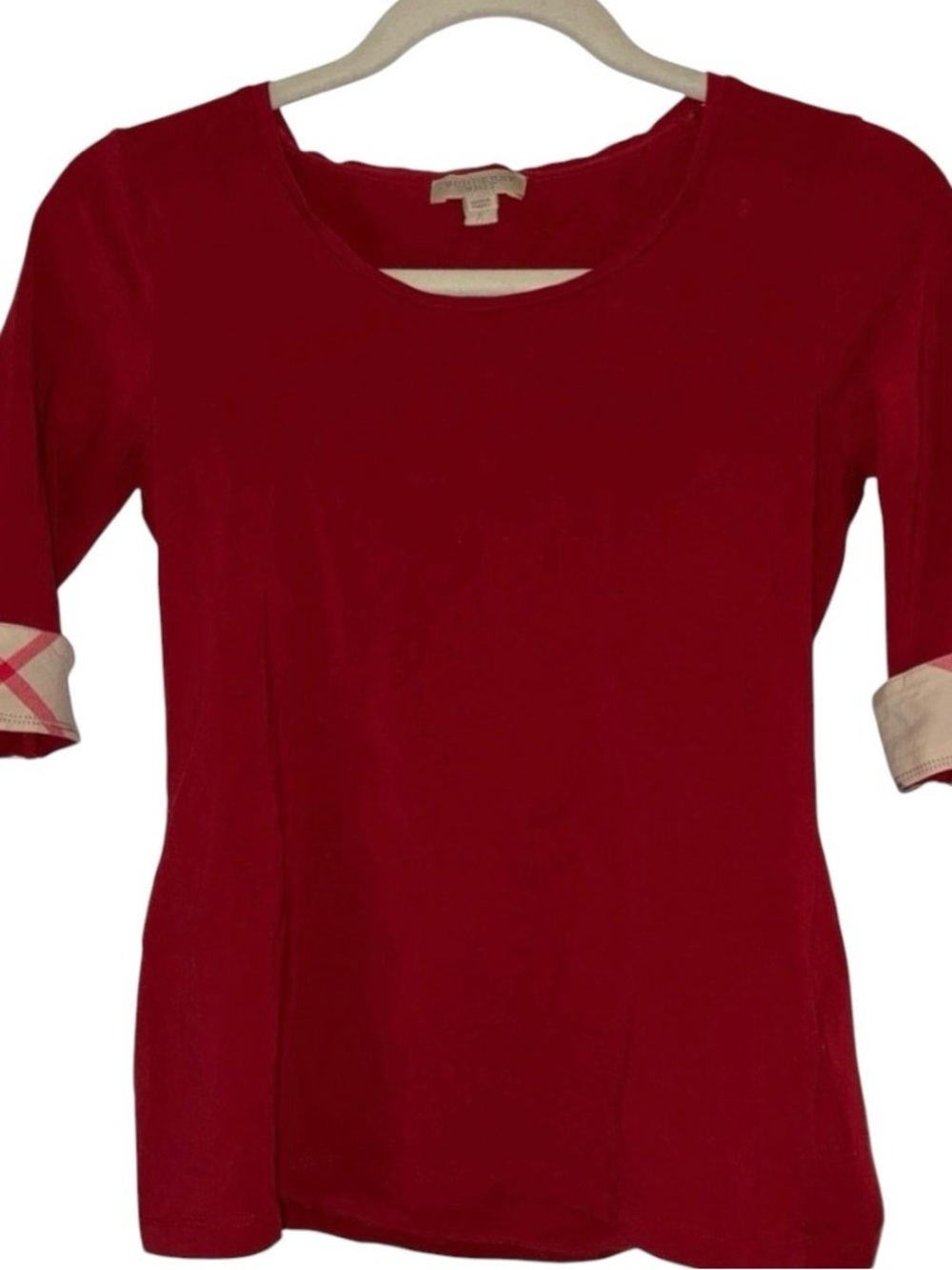 Authentic Burberry Brit Med Red Cotton Jersey Top 3/4 Sleeves Plaid Cuff Sz S